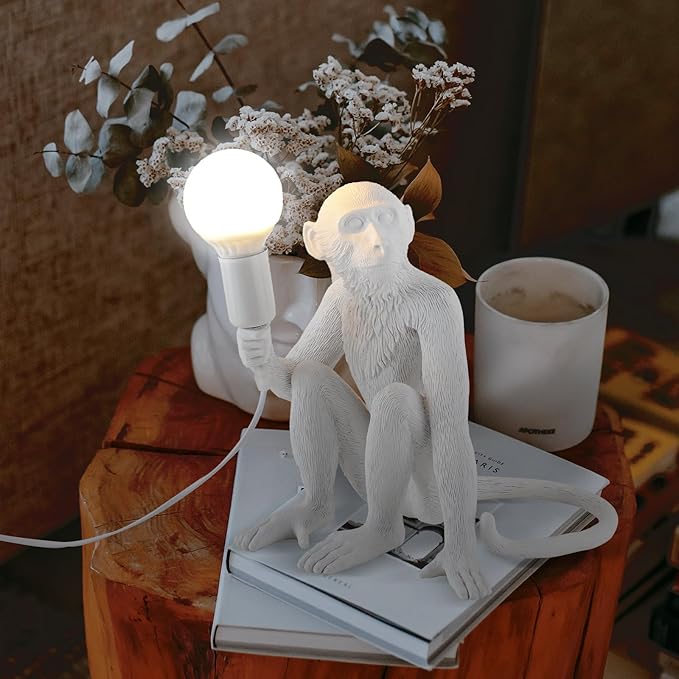 Modern Resin Monkey Wall & Table Lamp - Hemp Rope Pendant Light for Home Decor - Dining, Living Room, Bedroom, Entryway (White)