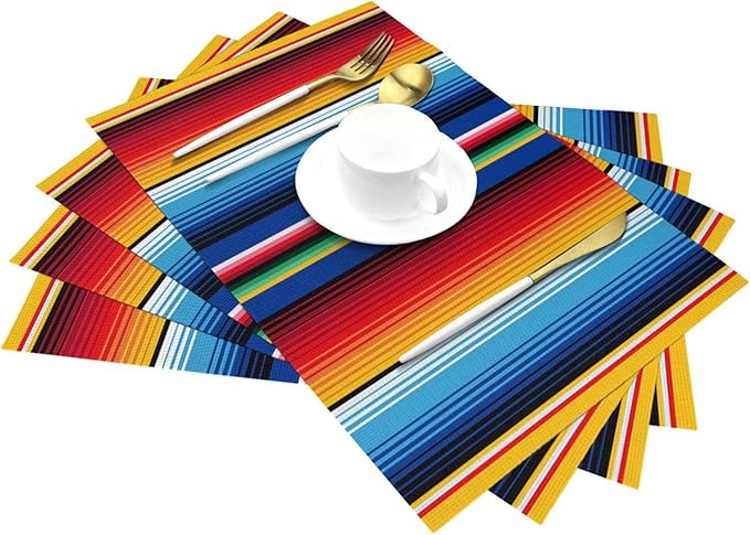 Mexican Placemats Set of 4 Linen 12"x18" Washable Non-Slip Heat-Resistant Rainbow Colorful Stripe Kitchen Table Mats for Dining Outdoor Holiday Party Home Decor