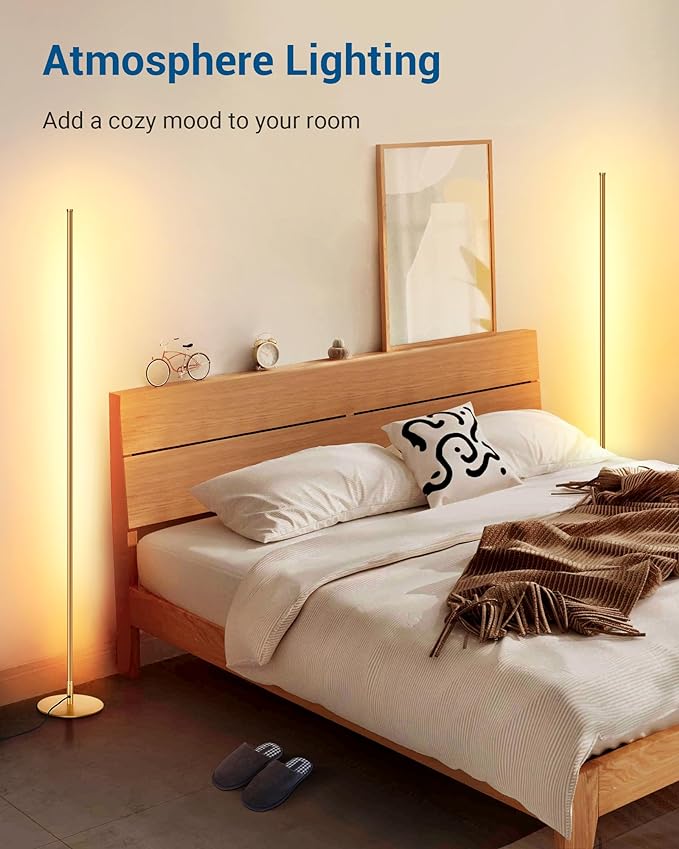 DEWENWILS Floor lamp, 1100Lumen Modern Dimmable Corner Floor Lamp with 3000K Warm Light & Foot Switch, 57.5" Tall Standing Lamp for Living Room, Bedroom, Gold