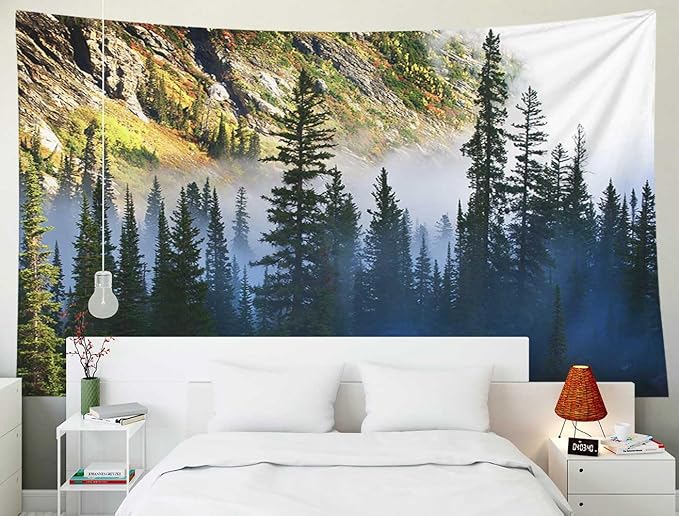 EMMTEEY Landscape Tapestry Wall Art - Fog and Pine Tree on Rugged Mountainside - 80x60cm
