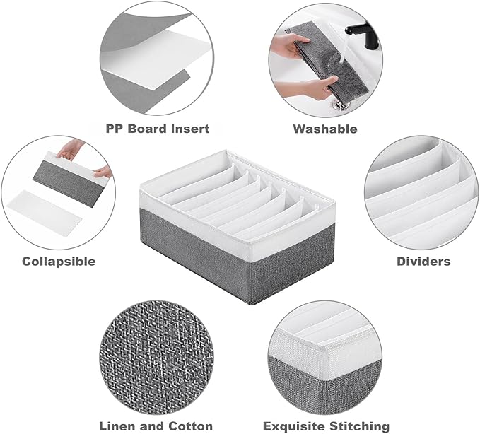 4 Packs T-shirt Drawer Organizers for Clothing,8 Grids Compartment Wardrobe Storage Box, Washable Clothes Organizer for Legging,Silk Scarve-12.59''x9.05''x5.9-GreyWhite