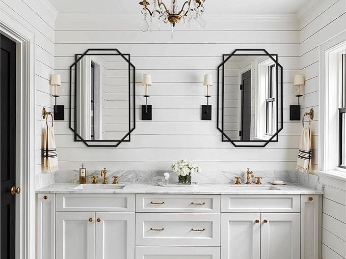 Black Bathroom Mirror, Decorative Wall Mirror with Modern Octagonal Metal Frame, for Living Room, Bedroom, Dining Room, Entryway (36" x 24")