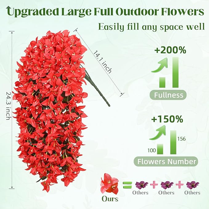 4 Pcs UV Resistant Artificial Flowers for Outdoors, Realistic Faux Silk Bougainvillea Flowers, Fake Hanging Plants for Porch Patio Balcony Decoration (Red)