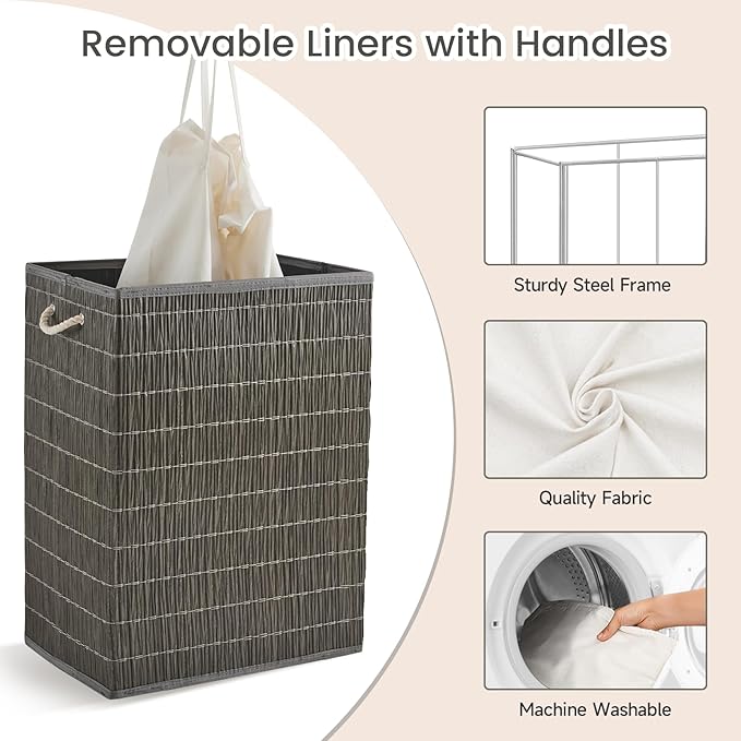 Laundry Hamper with Lid, 55.5 Gallon (210L), Large Handwoven Rattan Laundry Basket, 3 Section Clothes Hamper with Handles, 2 Removable Liner and Side Pocket, Grey