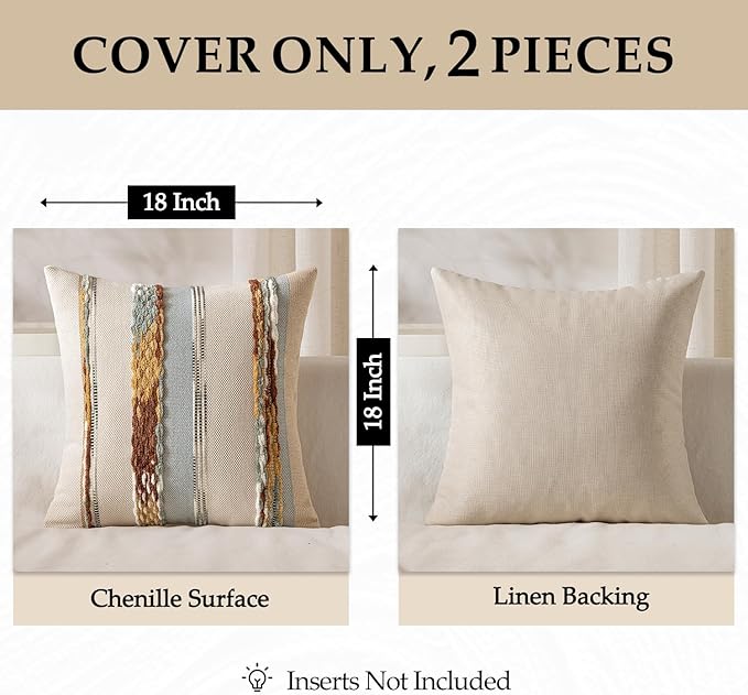 ANRODUO Pack of 2 Boho Decorative Throw Pillow Covers 18x18 Farmhouse Cushion Case Striped Chenille Pillow Cases Square Pillow Covers Accent Neutral Pillowcase for Sofa Couch Bed, Blue-Earth Tones