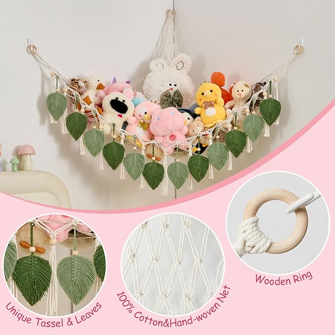 Pretty Jolly Macrame Leaf Wall Hanging Storage Hammock, 59" Boho Corner Organizer with Tassels, Stuffed Animal Plush Holder for Kids Room Nursery Decor (Avocado Green & Sage Green)