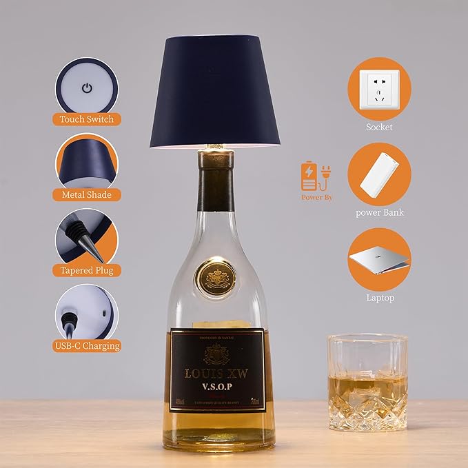 Rechargeable Wireless Bottle Lamp, LED Wine Bottle Light Ambient Light for Desk Table Bar Decor, Wireless Bottle Lamp Shade for Whiskey Wine Liquor Bottle, Sapphire Blue