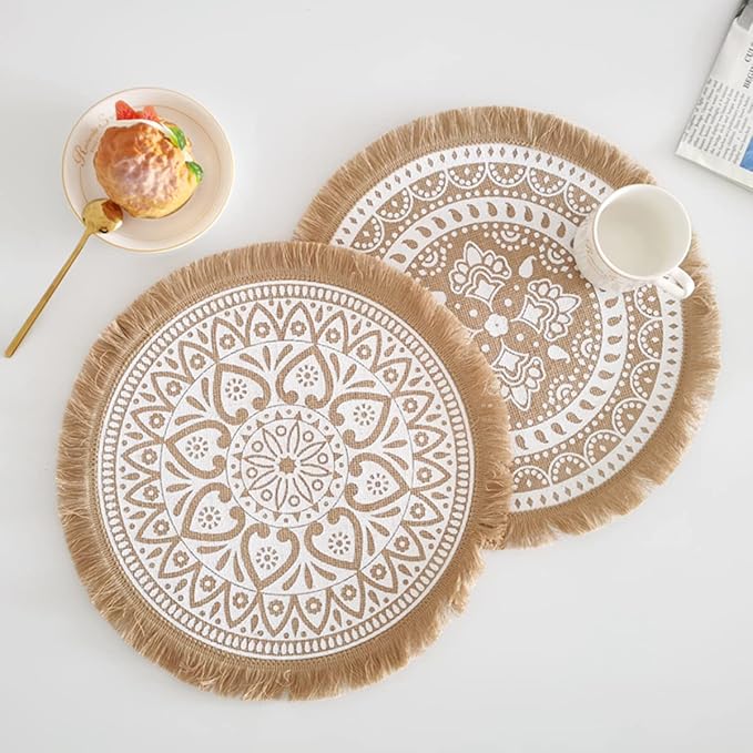 Kitchen Table Placemats Set of 6 with,Round HandmadeWoven Fringe Placemat,for Dining Room, Kitchen, Place Mats for Parties,Use-Size 13×13 Inches