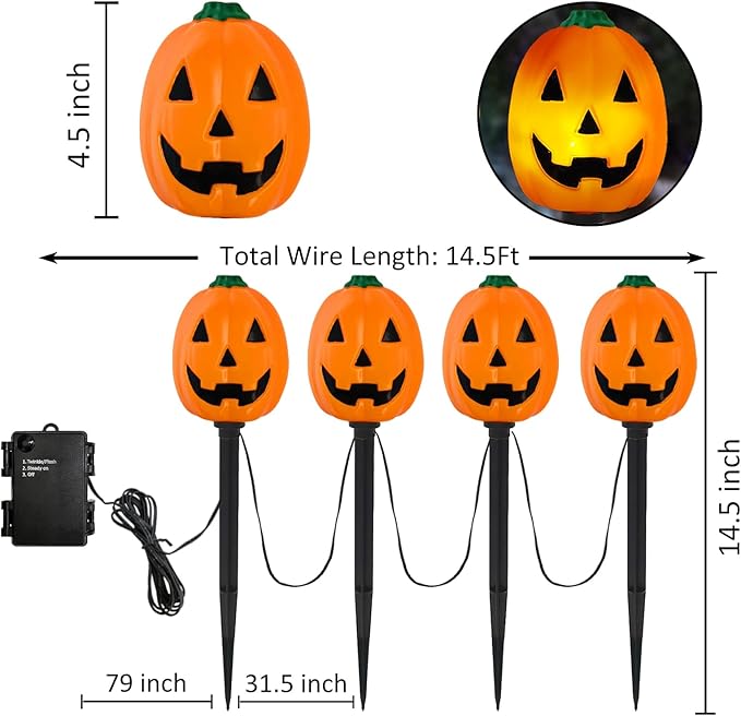 Halloween Pumpkin Pathway Lights Outdoor, Set of 4 Pre-lit Jack-O-Lanterns Pathway Markers Stake Battery Operated Waterproof for Path, Yard, Lawn, Garden, Landscape Halloween Party