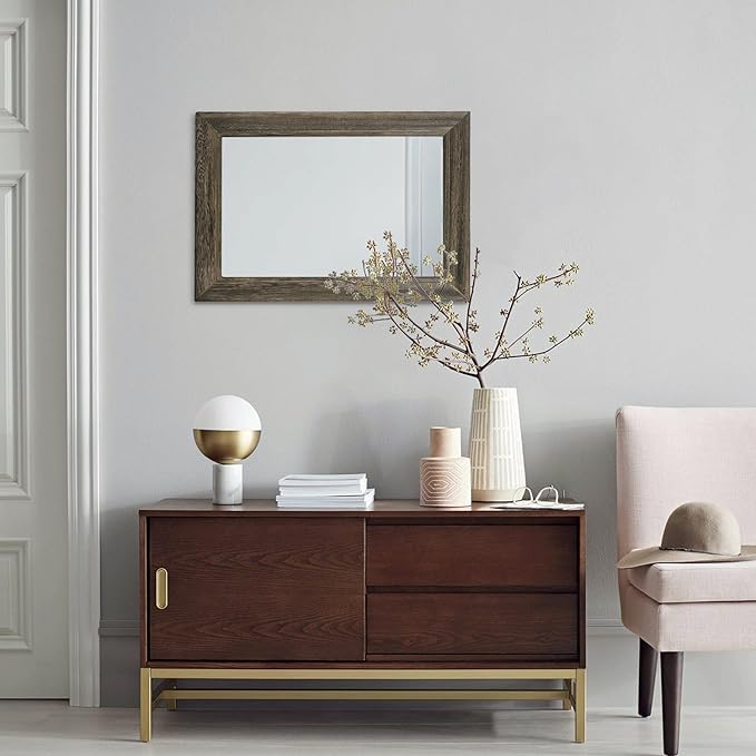 Retro Wall Mirror with Wood Framed Large Rectangle Hanging Mirrors 20"x16" Decorative for Bathroom Bedroom Living Room