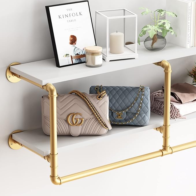HOMEKAYT 48'' Industrial Pipe Shelving Floating Wall Shelves 2 Tier Gold Shelves Multiple Use for Kitchen, Bedroom,Living Room,Bathroom