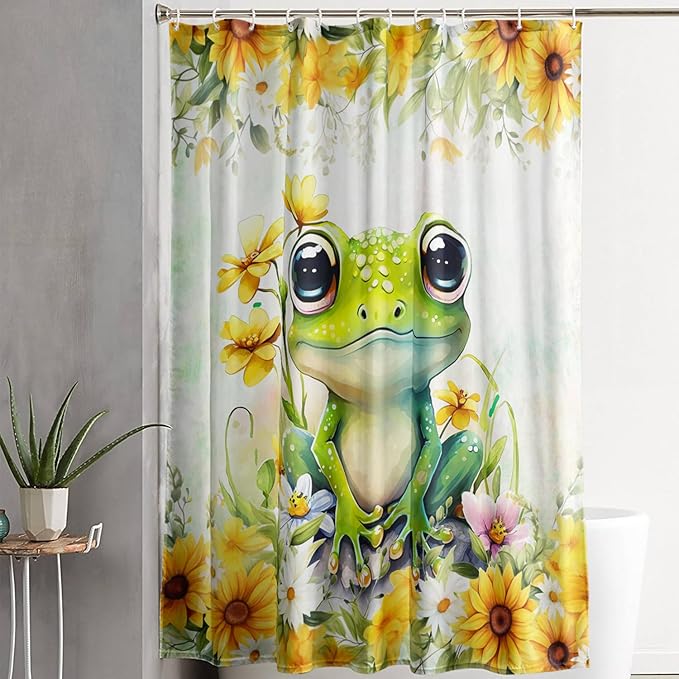 AILONEN Green Frog Shower Curtain,Cute Cartoon Frog Waterproof Fabric Shower Curtain for Bathroom,Beautiful Sunflower Kawaii Tree Frog Shower Curtain Set with Hooks for Kids Boys Girls,72" W*78" H