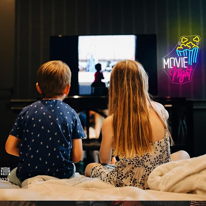 Lucunstar Movie Night With Popcorn Neon Sign, Room Lights for Wall Decor, Dimmable USB Neon Lights for Party, Theater Decor for Home
