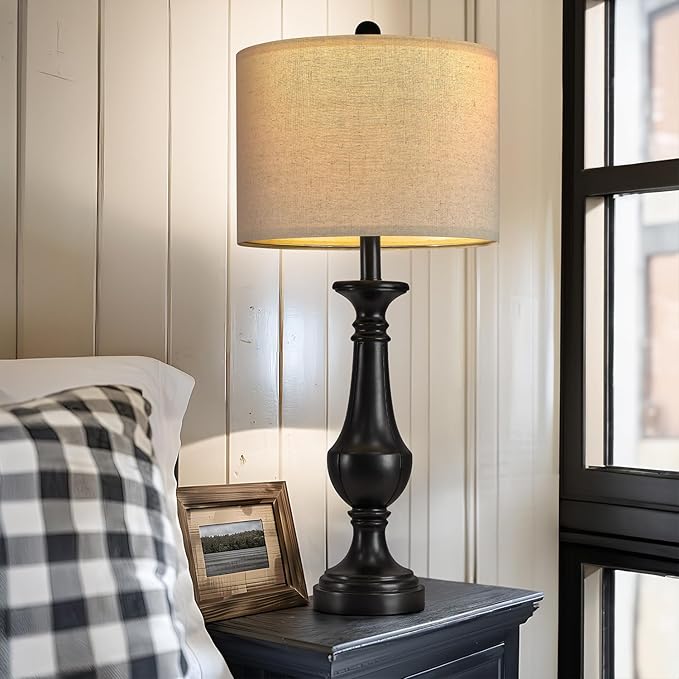 PoKat 27.5" Farmhouse Table Lamp for Living Room, Mid Century Tall Table Lamp for Bedroom, Bedside Lamps for Night Stands, Wood Bedroom Lamp for End Table, Traditional Lamp, Distressed Black