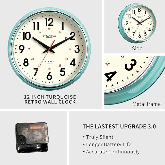 Wall Clock Metal 12.4" Vintage Retro Wall Clocks Countryside Style Silent Non Ticking Easy to Read for Living Room, Kitchen, Bedroom, Office, Bar(12.4" Teal)