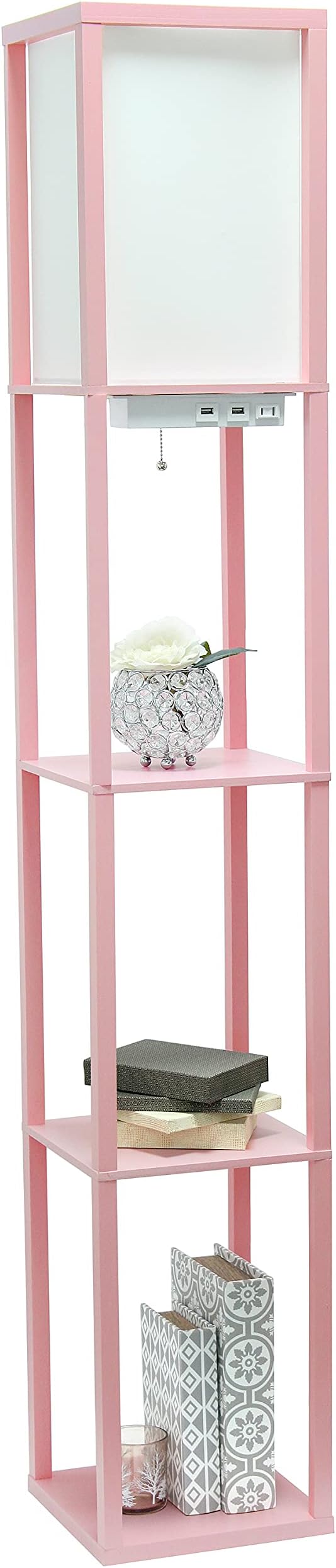 Simple Designs LF1037-LPK Floor Lamp Etagere Organizer Storage Shelf with 2 USB Charging Ports, 1 Charging Outlet and Linen Shade, Light Pink