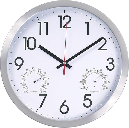 14Inch Wall Clock Battery Operated Aluminum Frame Wall Clocks, Silent Wall Clocks with Temperature & Humidity, Decorative for Home Housewarming Living Room
