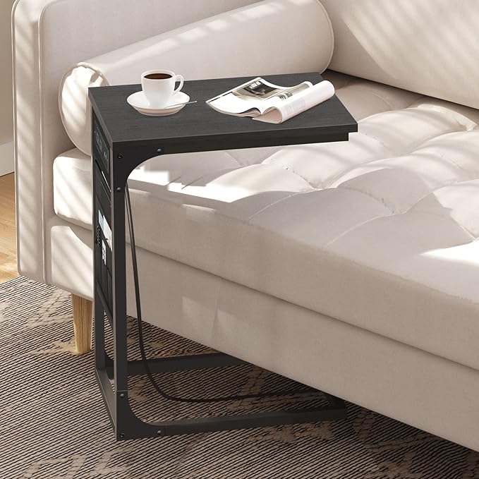 TUTOTAK C Shaped End Table with Charging Station, Side Table for Sofa and Couch with Storage, TV Tray Table with 2 USB Ports & Outlets - Black TB01BK024