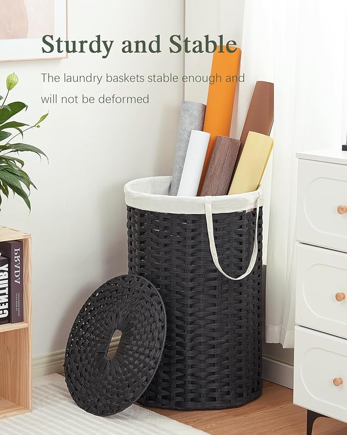 Large Laundry Hamper Laundry Basket Round 34.3 Gal (130 L) Handwoven Wicker Laundry Baskets Rattan Laundry Basket with Laundry Bag Handles 2 Mesh Bags for Living Room Bedroom Black