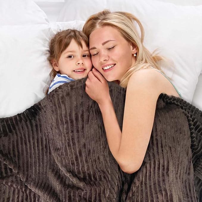 Bnuitland Brown Flannel Throw Blanket (90X108 inches) with Storage Pouch, 300GSM Super Soft Lightweight Cozy Fleece Stripe Pattern for Bed Sofa Home Decor, Suitable for Adults All Season