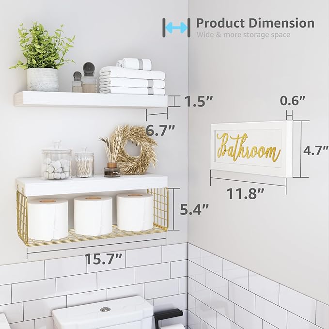 QEEIG Bathroom Shelves Over Toilet - Paper Storage Wall Mounted Farmhouse Decor Decorations Aesthetic Décor Sign Small Floating Shelf 2+1 Set 16 inch, White and Gold (020WG)