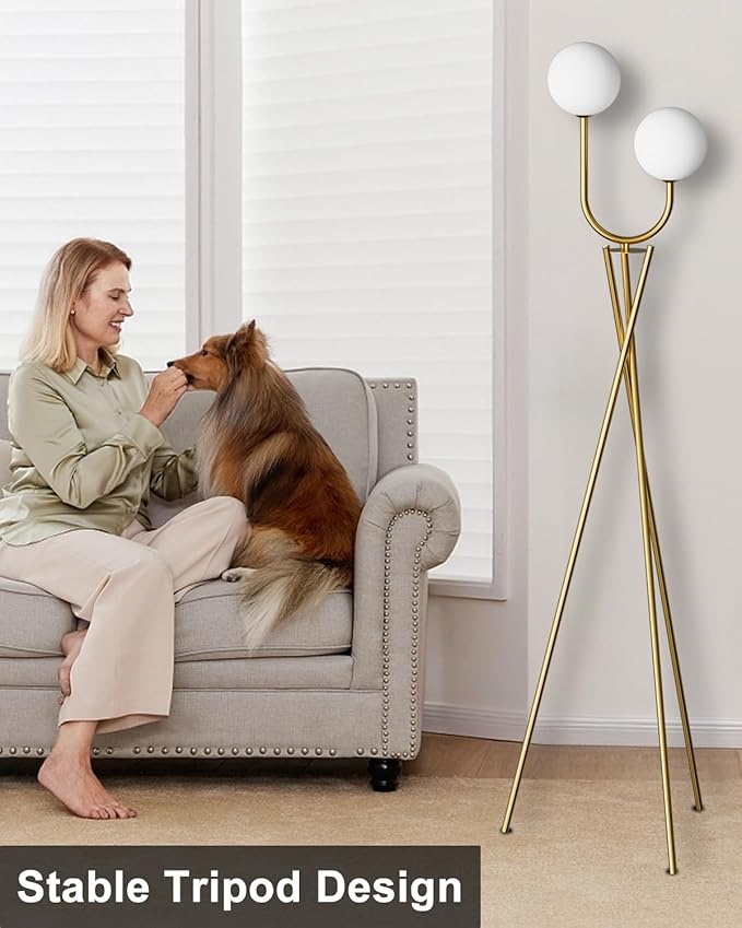 Lightdot Gold Floor Lamp Mid Century Tripod Floor Lamp with U-Stylish 2-Lights with 2Pcs 3000K G9 Bulbs Tripod Standing Lamps with Stable Base for Living Room/Sofa Sides/Corners