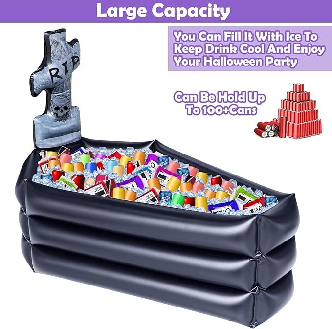 TURNMEON 43 Inch Halloween Inflatable Tombstone Coffin Drink Cooler 100+ Cans Large Capacity Halloween Party Decorations Indoor Outdoor Home Party Supplies Inflatable Serving Bar Food Drink Container