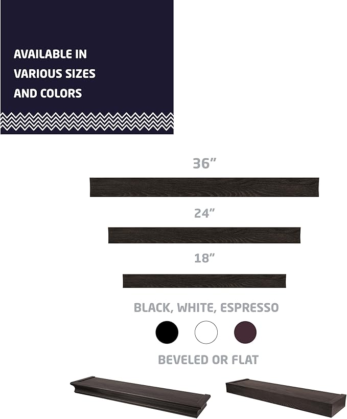 HIGH & MIGHTY 515659 Modern 24" Floating Shelf Holds up to 20lbs, Easy Tool-Free Dry Wall Installation, Flat, eCommerce Packaging, Espresso