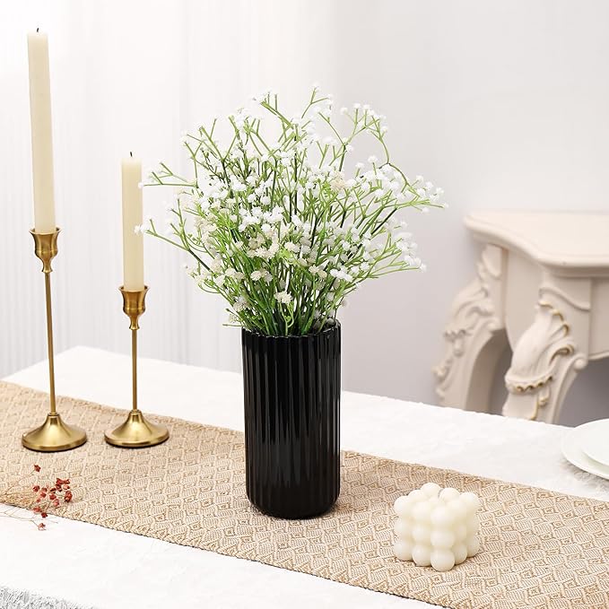 Black Ceramic Vase for Flowers, Modern Black Vase for Home Decor, Tall Ribbed Vase for Living Room, Office, Mantel, Bookshelf, Dining Table, 8 inches