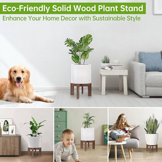 Modern Wood Plant Stand Indoor/Outdoor, Planter Stand Holder Rattan Flower Pot Stand (1 Pack- Wood Grain)