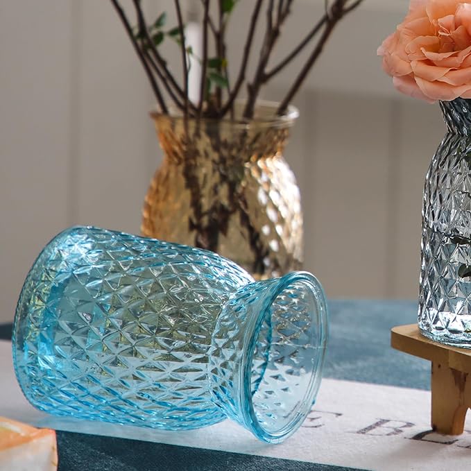 OFFIDIX Glass Vase,6.5 * 4.5in Large Mouth Shape Geometric Faceted Design Flower Vase for Weddings,Events,Decorating,Office,Home Decor
