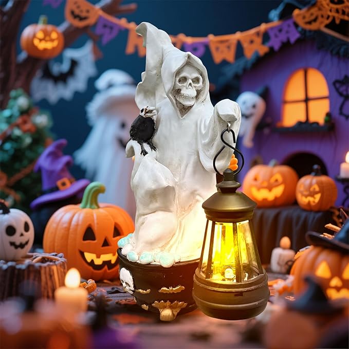 Skeletons Halloween Statues Decor Lantern - Gothic Grim Reaper Spooky Solar Lantern Statue Skeletons Crow,Outdoor Indoor Party Home Decorations Tabletop Shelf Garden Porch Yard Patio