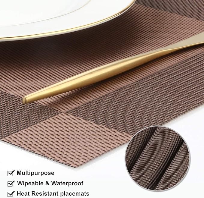 DACHUI Heat-Resistant Placemats Stain Resistant Anti-Skid Washable PVC Table Mats Woven Vinyl Placemats (4pcs, Brown-Cross)