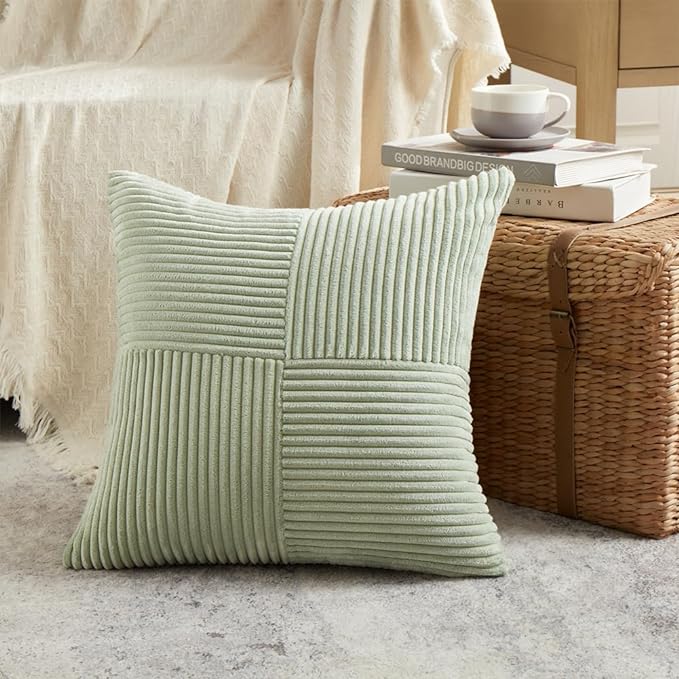Fancy Homi 2 Packs Sage Green Decorative Throw Pillow Covers 20x20 Inch for Living Room Couch Bed Sofa, Farmhouse Boho Home Decor, Soft Corss Corduroy Patchwork Accent Square Cushion Case 50x50 cm