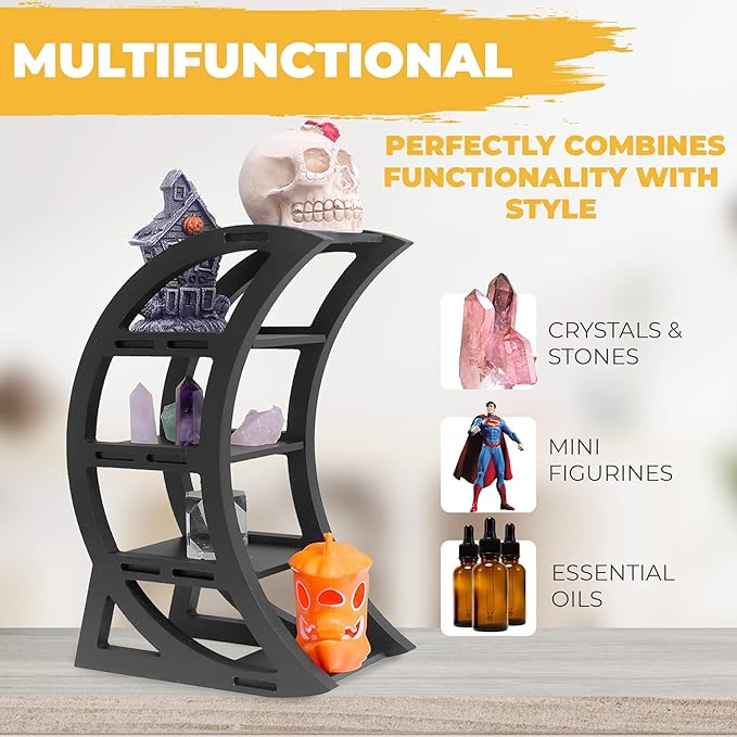 Wooden Crystal Display Shelf - Crystal Holder for Stones and Essential Oil - Black Witchy Decor Crescent Moon Phrase Decorative Shelves for Table Top - Unique Crystal Shelf Display Stand