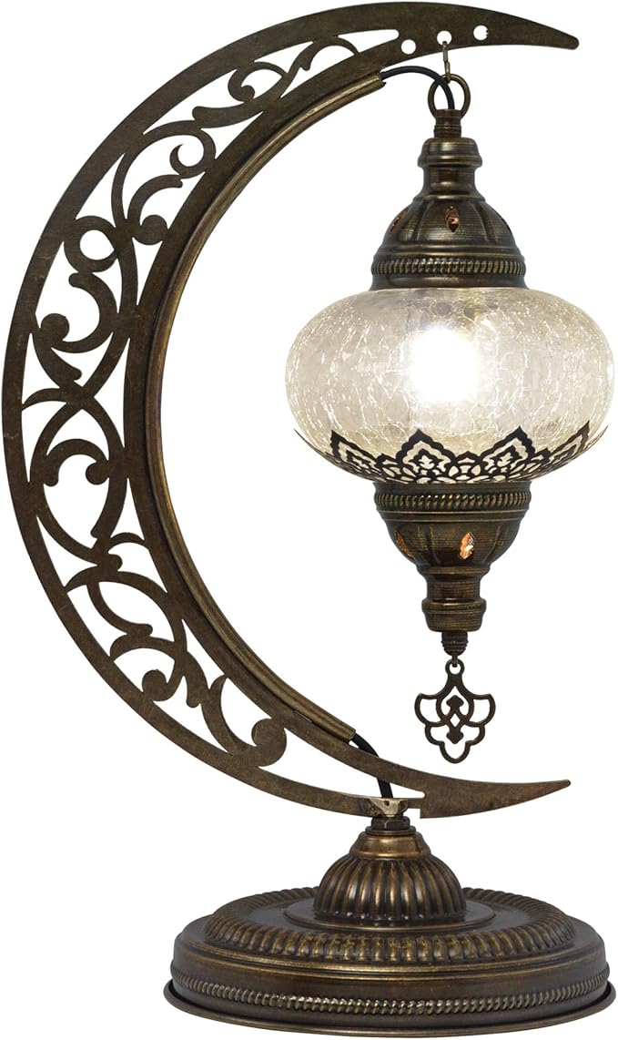 mozaist Turkish Lamp, Unique Lamps, Moon Shaped Mosaic Table Lamp, Moroccan Handmade Antique Bohemian Vintage Lamp Shade, Tiffany Desk Bedside Stained Glass Lamp with US Plug and E12 Socket