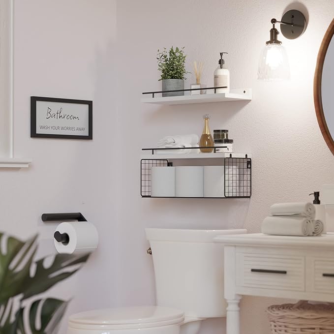 WOPITUES Floating Shelves for Bathroom Wall Decor Sign, Bathroom Organizer and Storage, Bathroom Shelves Over Toilet with Metal Guardrail-Modern White