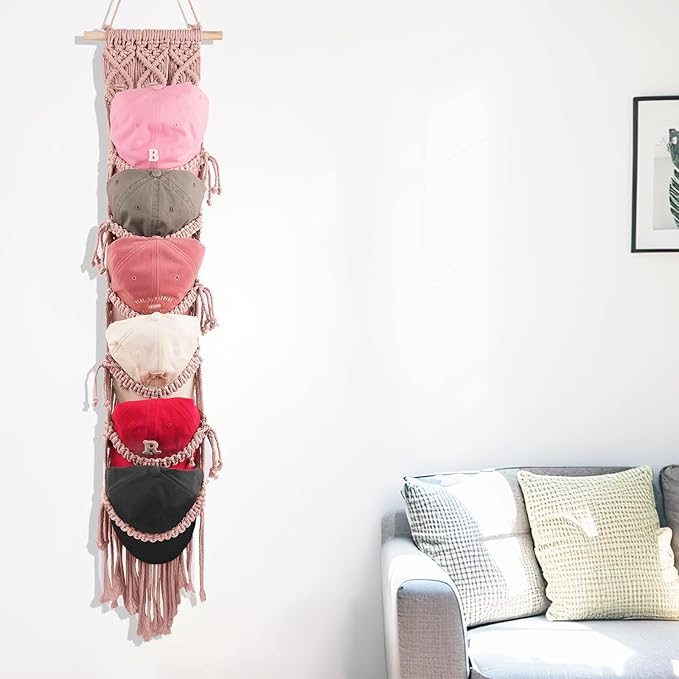 2PCS Macrame Cap Holder Boho Hat Hangers Over Door Decorative Bohemian Handmade Ball Cap Rack Organizer Woven Wall Hanging for Baseball Cap Display Decorations (Rose Pink, Up to 24 Caps)