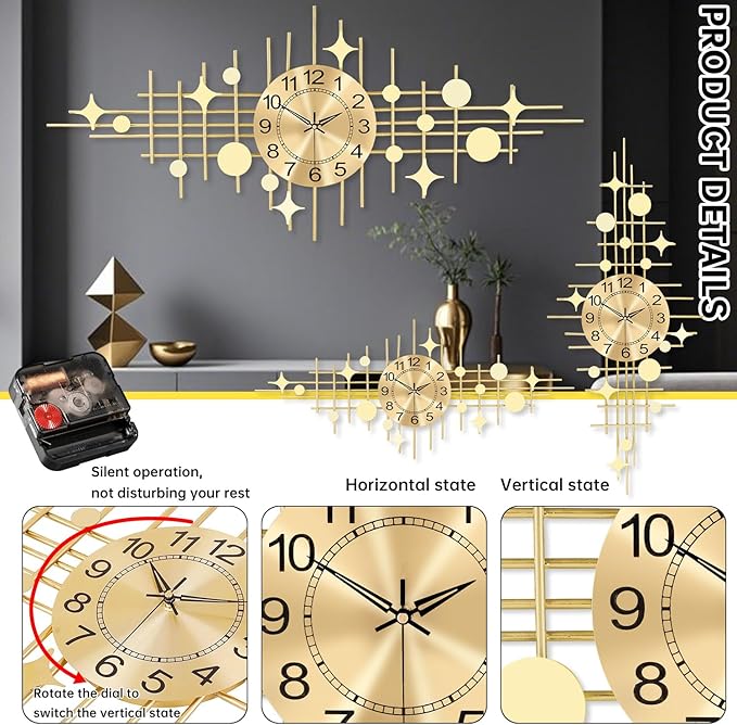 SIN&MI Wall Clock,Large Wall Clocks for Living Room,Silent Non Ticking,Battery Operated Oversized Round Modern Wall Clock for Bedroom,Farmhouse,Office Wall Decor Star, 16.3 * 37.4 Inch