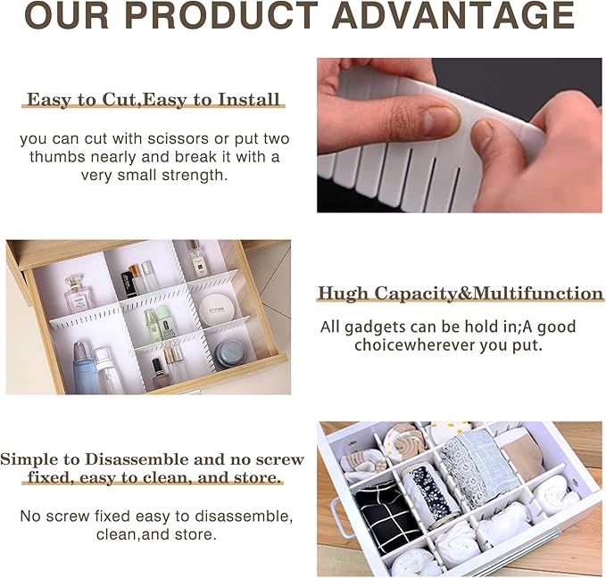 Drawer Divider Adjustable Diy Storage Organizer Separator for Tidying Clutter Cutlery Underwear Socks Clothes Dresses Desk & Box in Kitchen Bathroom Bedroom Office (Cut at Will) (White 16pcs)