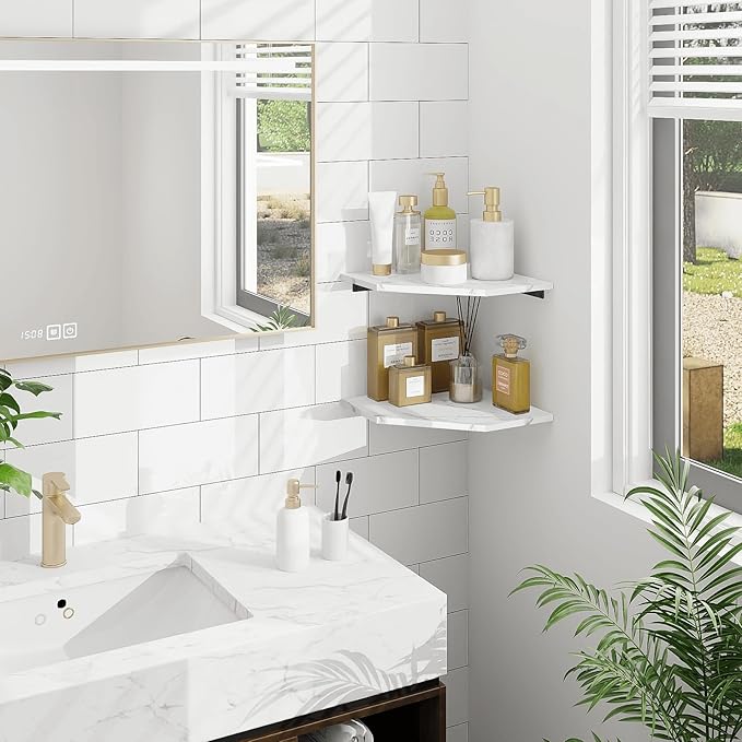 Homode Corner Wall Shelf, Set of 2 Floating Corner Shelves with Wire Hole, 2 Tier Wooden Hanging Display Shelf for Bathroom Bedroom Kitchen, White Marble