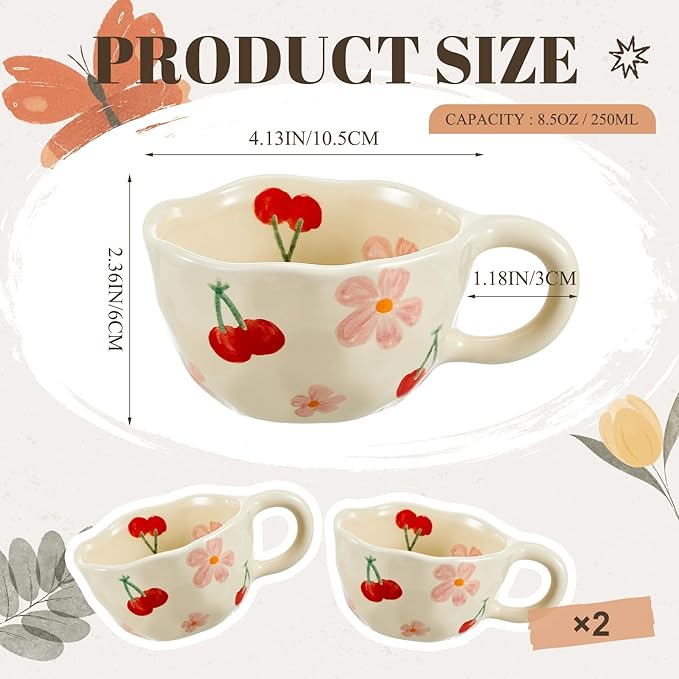 Vesici 2 Pcs Ceramic Coffee Mugs Flower Cups with Spoon Vintage Floral Mugs with Handle 8.5 oz Aesthetic Tea Porcelain Cup Gift for Valentine Office Home, Dishwasher and Microwave Safe(Cherry)