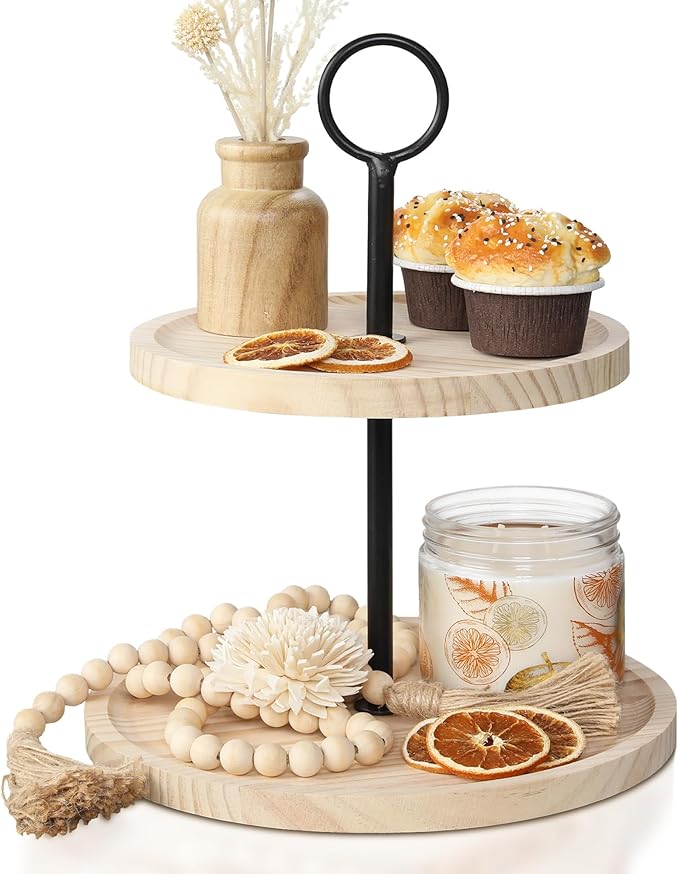 Decorative Wooden Tiered Tray Stand - Beautiful Two Tiered Coffee Table Serving Tray Enhances Your Seasonal Modern Farmhouse Decor - The Perfect Centerpiece for Your ChristmasTable Decorations