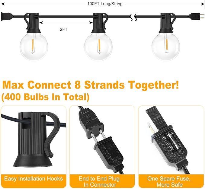 200ft(100 * 2) Outdoor G40 LED Globe String Lights Dimmable Waterproof Shatterproof Light Strings with 103 Bulbs Connectable Commercial Hanging Lights for Christmas Patio House Backyard Balcony Party