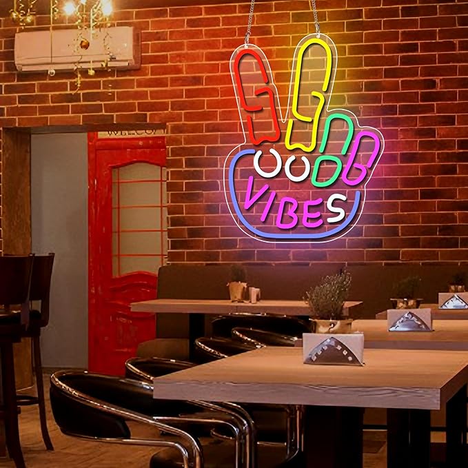 Good Vibes Neon Sign, Yeah Good Vibes Neon Sign for Wall Decor, Dimmable USB-Powered Sign with ON/OFF Switch, Colorful LED Light-Up Sign for Bedroom, Nursery, Club, Bar, and Party Decor