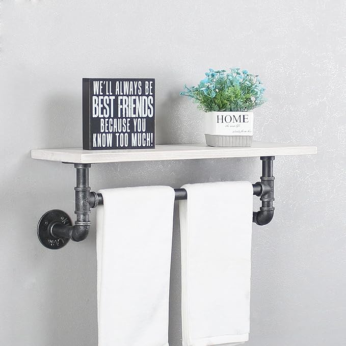 Industrial Pipe Shelving,Iron Pipe Shelves Industrial Bathroom Shelves with Towel bar,24in Rustic Metal Pipe Floating Shelves Pipe Wall Shelf,1 Tier Industrial Shelf Wall Mounted,Retro White