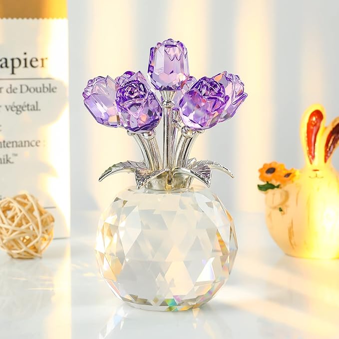 Purple Rose Flower Crystal Figurine with Vase, Bouquet Flowers Ornament Gifts for Wife Girlfriend Women , Handmade Crystal Flower Collectible Home Table Decor for Valentine's Day Wedding Anniversary