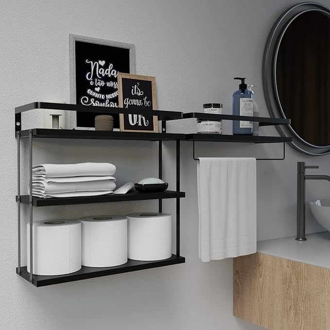 RICHER HOUSE 3+1 Tier Wall Mounted Floating Shelves Set of 2, Rustic Wood Wall Shelf with Metal Frame, Extra Storage Rack for Bathroom, Kitchen, Bedroom with Tissue Rack & Towel Bar - Black