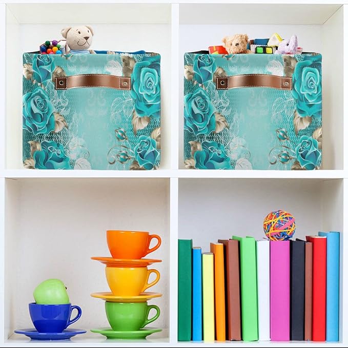 Wamika Turquoise Blue Green Rose Storage Basket Fabric Laundry Baskets Spring Flowers Leaves Storage Boxes Organizer Bag for Baby Cloth Dog Toy Book Storage Cubes Shelf Closet Bins 16x12x8 Inches
