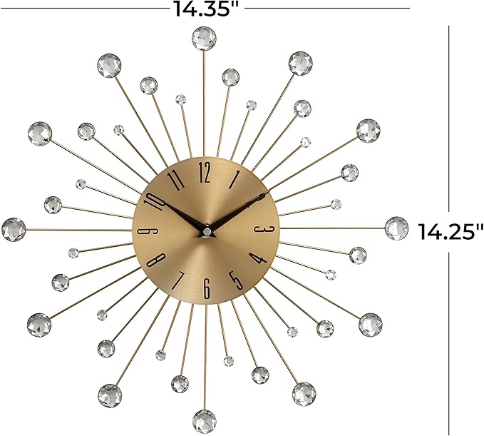 Deco 79 Metal Starburst Decorative Wall Clock With Crystal Accents for Home and Room, 14" x 1" x 14", Gold